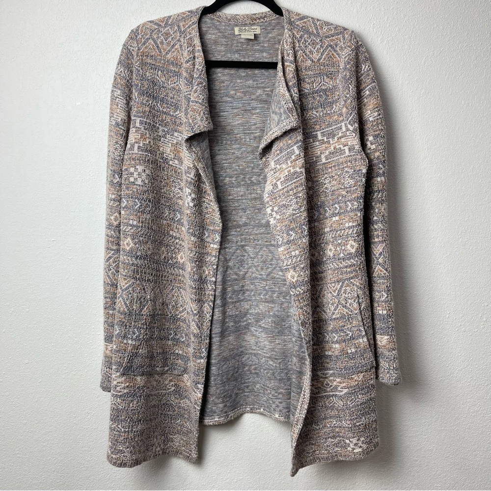 Lucky Brand Womens Cardigan Tan Open Front Aztec Tapestry BOHO Linen Blend Large